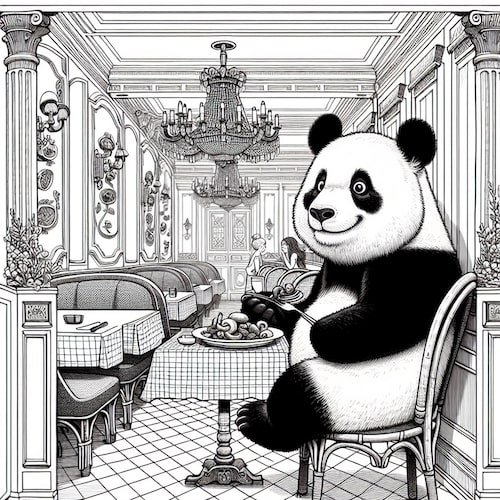 A panda bear eating mushrooms in a French restaurant. Style Line Art Introducing Printify’s AI Image Generator 6