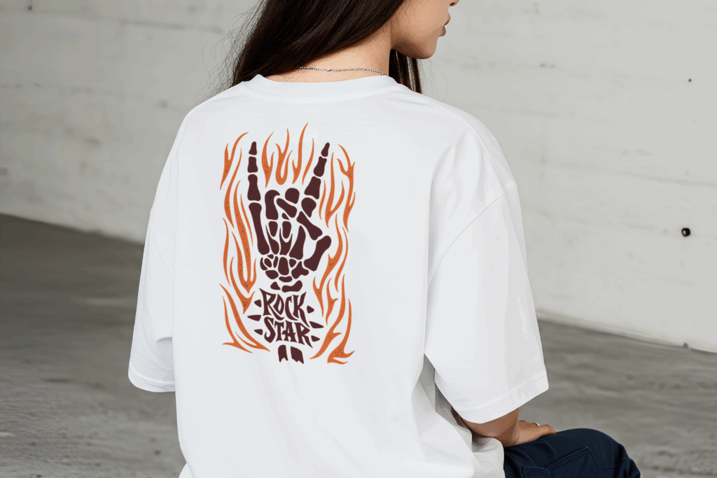 A woman wearing a white t shirt with a fiery hand in a rock gesture and 22Rock Star22 text on the back Make Your Own Shirt 61